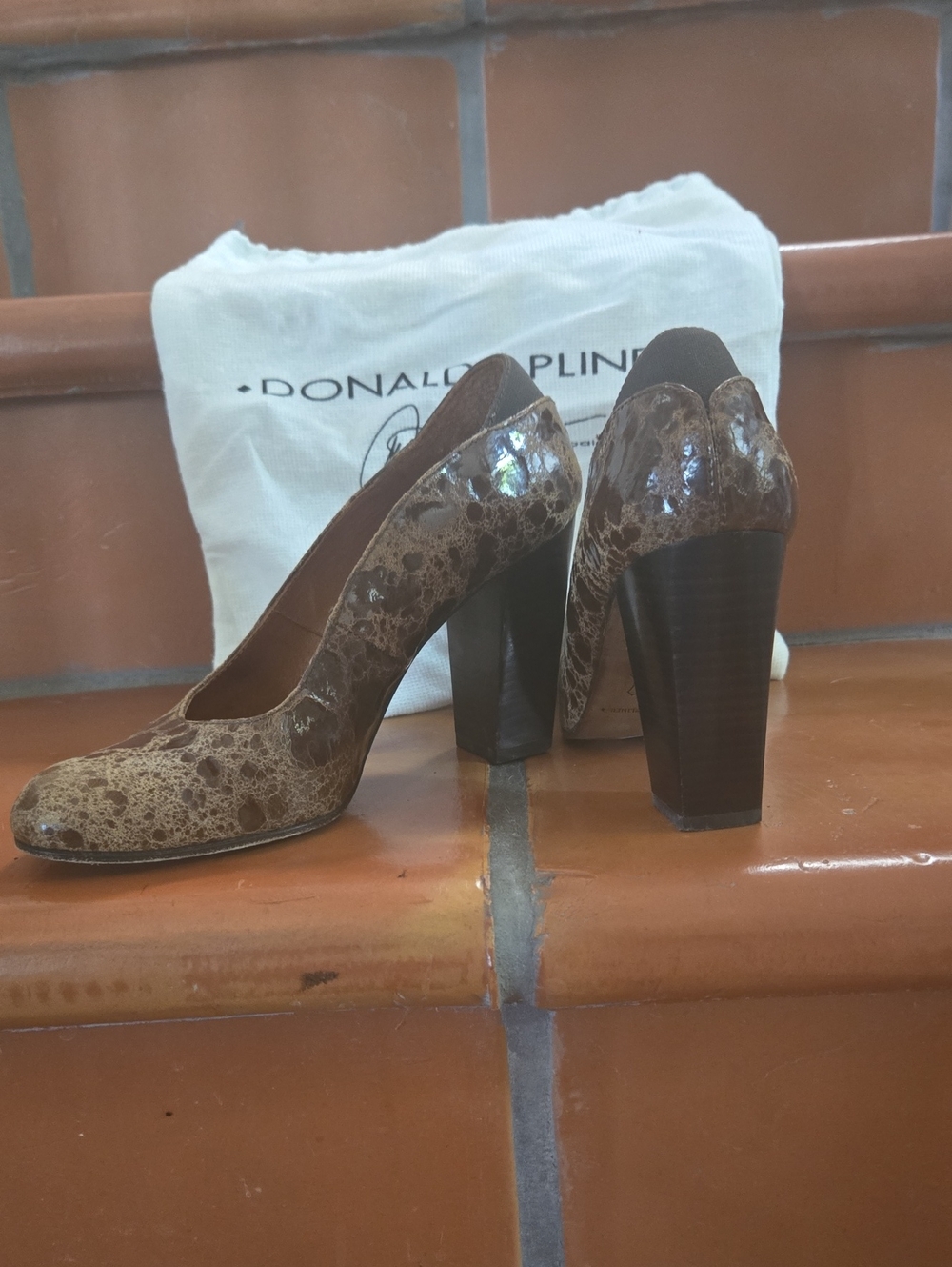 Donald J. Pliner Brown Marbled Leather Block Heel Pumps